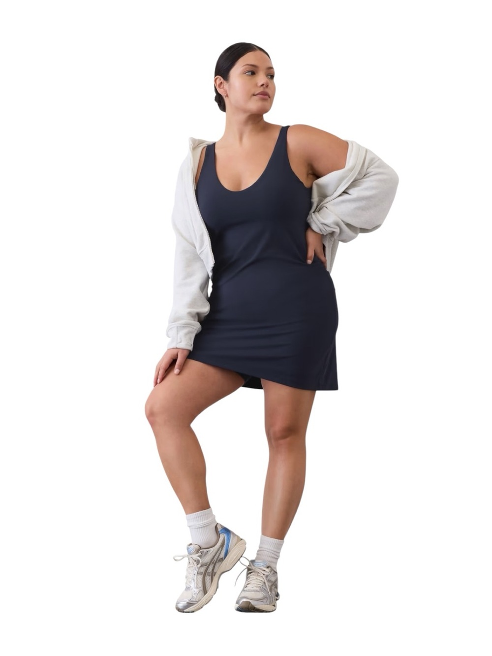 Athleta Transcend Dress Large Tall Navy Built-In Shorts Bra UPF 40+